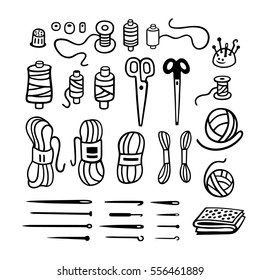 Vector set of knitting, sewing, tailoring tools and equipment: needles, pins, scissors, threads, yarn. Black and white handmade logo elements, retro symbols for local shop, knitwear company, workshop