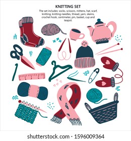 Vector set of knitting tools. Bright colorful style, great elements for your design. The set consists of: yarn, knitting needles, knitting, hat, scarf, mittens, socks, needle, pin, scissors.