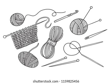 Vector set of knitting tools and yarn . Can be used as a sticker, icon, logo, design template, coloring page