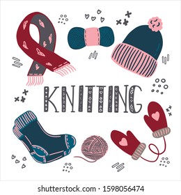 Vector set of knitwear made of yarn. Bright colorful style, great elements for your design. The set consists of: yarn, hat, scarf, mittens, socks.