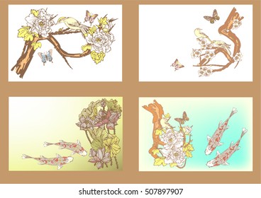 Vector set koi, birds, butterflies with lotus flower, peonies flower, cherry blossoms for the tattoo, text and background.