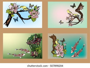 Vector set koi, birds, butterflies with lotus flower, peonies flower, cherry blossoms for the tattoo, text and background.