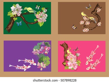 Vector set koi, birds, butterflies with lotus flower, peonies flower, cherry blossoms for the tattoo, text and background.