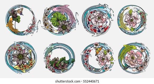 Vector set koi, birds, butterflies with lotus flower, peonies flower, cherry blossoms for the tattoo, text and background.