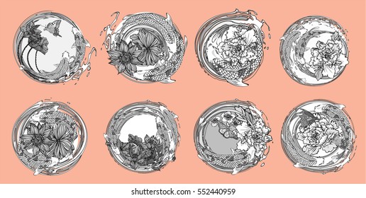 Vector set koi, birds, butterflies with lotus flower, peonies flower, cherry blossoms for the tattoo, text and background.