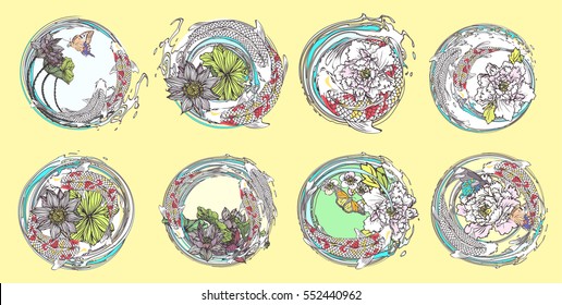 Vector set koi, birds, butterflies with lotus flower, peonies flower, cherry blossoms for the tattoo, text and background.