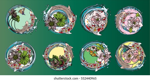 Vector set koi, birds, butterflies with lotus flower, peonies flower, cherry blossoms for the tattoo, text and background.