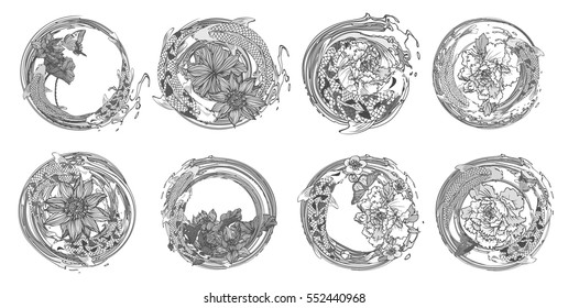 Vector set koi, birds, butterflies with lotus flower, peonies flower, cherry blossoms for the tattoo, text and background.