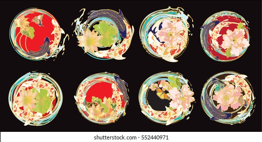 Vector set koi, birds, butterflies with lotus flower, peonies flower, cherry blossoms for the tattoo, text and background.