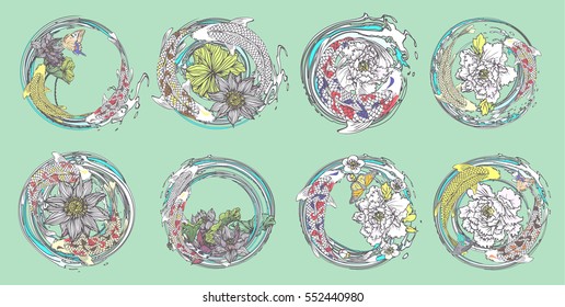 Vector set koi, birds, butterflies with lotus flower, peonies flower, cherry blossoms for the tattoo, text and background.