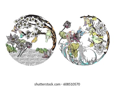 Vector set koi, birds, butterflies with lotus flower, peonies flower, cherry blossoms for the tattoo, text and background.