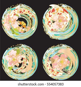 Vector set koi and butterflies with lotus flower, peonies flower, cherry blossoms for the tattoo,vintage flowers composition. decorative background and text, vector illustration EPS10.