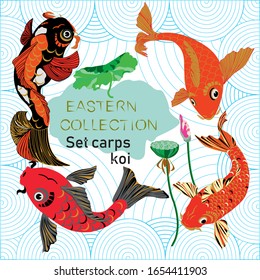 Vector set of koi carps with a frame of stylized waves - a symbol and a talisman of good luck, wealth, love in the East, For web-design, print on paper, textile, ceramics, plastic, canvas