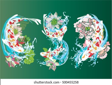 Vector set koi with lotus, cherry blossoms and peony for tattoo and background.