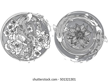 Vector set koi with lotus, cherry blossoms and peony for tattoo and background.