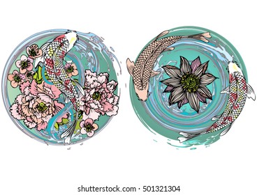 Vector Set Koi With Lotus, Cherry Blossoms And Peony For Tattoo And Background.