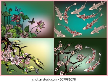 Vector set koi with lotus, cherry blossoms and peonies, butterflies, birds for tattoo and background.