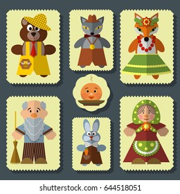 Vector set of Kolobok, The Bun russian folk fairy tale for kids characters. Flat style design elements, icons, stamps.