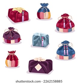 Vector set of Korean traditional pocket and wrapping cloth packaging. Korean traditional coin purse (lucky bags) collection. 