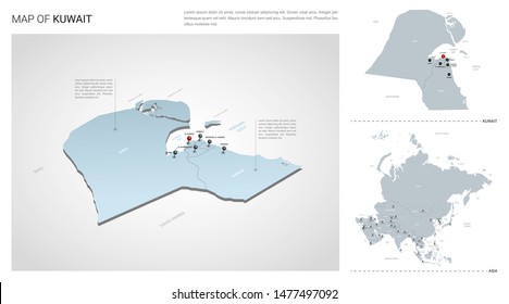 Vector set of Kuwait country.  Isometric 3d map, Kuwait  map, Asia map - with region, state names and city names. 