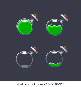 Vector set of lab tubes, flasks, with green liquid in different level