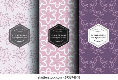 Vector set of label design templates, line ornament patterns for business cards and packaging wrapping - floral shops, beauty and spa studios