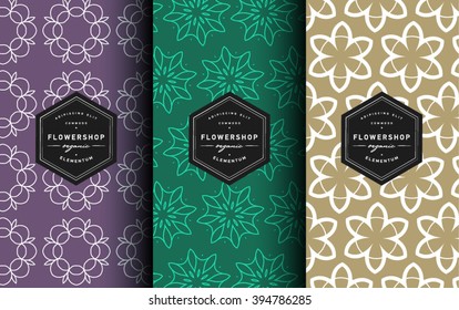 Vector set of label design templates, line ornament patterns for business cards and packaging wrapping - floral shops, beauty and spa studios