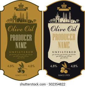 vector set label for olive oil and Italian countryside landscape