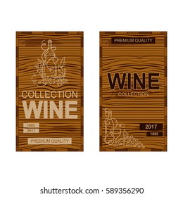 Vector set of labels for alcohol product, wine or whiskey. Classic rectangle, timber background with different ornate elements of vine, bottles, glasses, wave, grapes. Suitable for wine menu, lists 