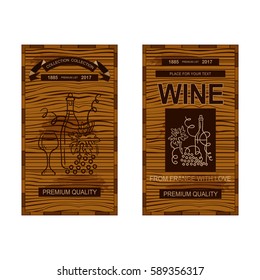 Vector set of labels for alcohol product, wine or whiskey. Classic rectangle, timber background with different ornate elements of vine, bottles, glasses, wave, grapes. Suitable for wine menu, lists 