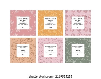 Vector set of labels for aroma candles with fruits seamless patterns. Sticker backgrounds for packaging