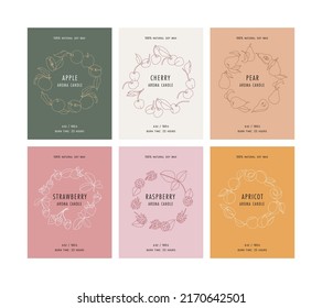 Vector set of labels for aroma candles with fruits wreath. Sticker backgrounds for packaging