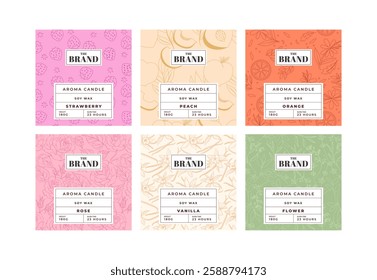 Vector set of labels for aroma candles with fruits and flower patterns. Sticker backgrounds for packaging. 