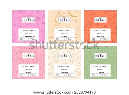Vector set of labels for aroma candles with fruits and flower patterns. Sticker backgrounds for packaging. 