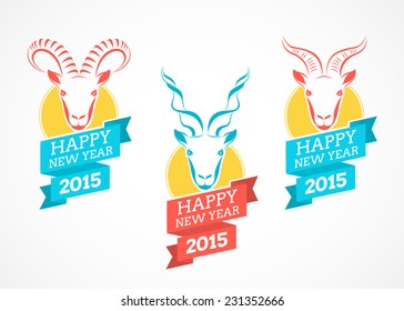 Vector set of labels, badges and design elements with stylized image of a goat. Happy 2015 New Year emblem