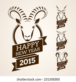 Vector set of labels, badges and design elements with stylized image of a goat. Happy 2015 New Year emblem