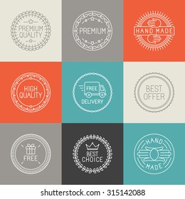 Vector set of labels, badges and emblems for product packaging in trendy linear style  - design elements and icons - premium quality, best offer and handmade symbols on circle stamps