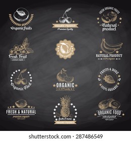 Vector set of labels, badges and hand drawn design elements with fruits. Logo collection. Chalkboard.

