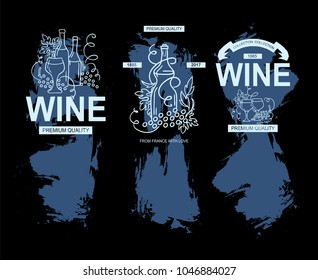 Vector set of labels, banners for alcohol product, wine or beverage. Abstract design with ornate elements of vine, bottles, glasses, wave, grapes on grunge background. Suitable for wine menu, lists
