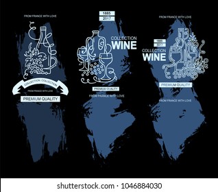Vector set of labels, banners for alcohol product, wine or beverage. Abstract design with ornate elements of vine, bottles, glasses, wave, grapes on grunge background. Suitable for wine menu, lists