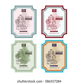 Vector set of labels, banners for alcohol product, wine or beverage. Vintage, retro design with ornate elements of vine, bottles, glasses, wave, grapes. Suitable for wine menu, lists