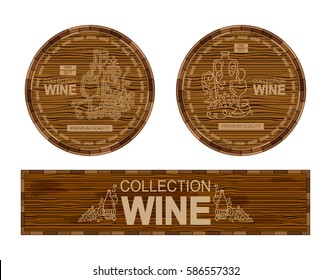 Vector set of labels, banners for alcohol product, wine or whiskey. Timber casks background with different ornate elements of vine, bottles, glasses, wave, grapes. Suitable for wine menu, lists