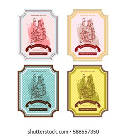 Vector set of labels, banners for alcohol product, wine or beverage. Vintage, retro design with ornate elements of vine, bottles, glasses, wave, grapes. Suitable for wine menu, lists