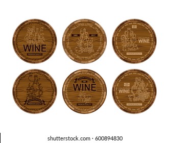 Vector set of labels, banners for alcohol product, wine or whiskey. Timber casks background with different ornate elements of vine, bottles, glasses, wave, grapes. Suitable for wine menu, lists 