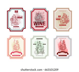 Vector set of labels, banners for alcohol product, wine or beverage. Vintage, retro design with ornate elements of vine, bottles, glasses, wave, grapes. Suitable for wine menu, lists