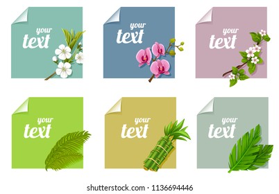 vector set labels, banners of orchids, fern, bamboo, palm leaf, buds, stickers, notes with flower, for notes, plants