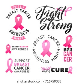 Vector set of labels Breast Cancer. Awareness Pink Ribbon. October is Cancer Awareness Month