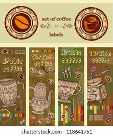 vector set of labels, coffee. Turkish coffee, Arabic coffee.