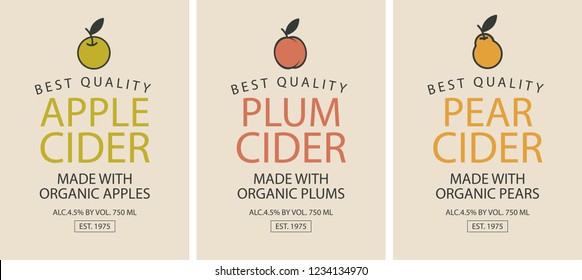Vector set of labels for different types of cider. Three cider labels with apple, plum and pear.
