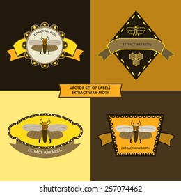 Vector set of labels extract wax moth. It is executed in style of flat design. The insects who are used in medicine for treatment of various diseases. 